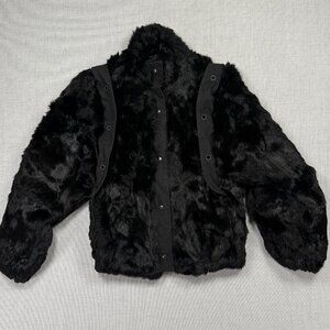 Vintage Faux Fur Jacket Grommet Accent Black Made in Hong Kong Lined Size M
